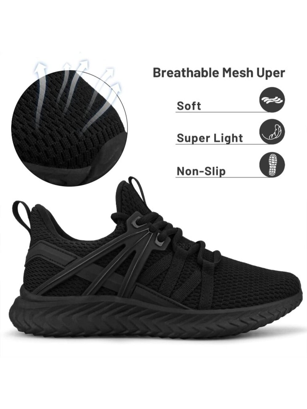 Women's Black Lightweight Mesh Slip On Walking Running Athletic Fashion Sneakers - Picture 2 of 5